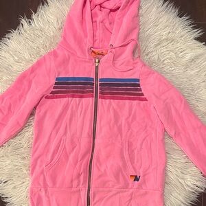 Aviator Nation Pink Hoodie with Blue and Red Stripes